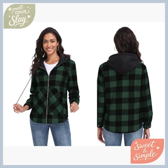 Women's Plaid Fleece Jacket Hooded Full Zip Casual Fall Winter Warm - Picture 3 of 7